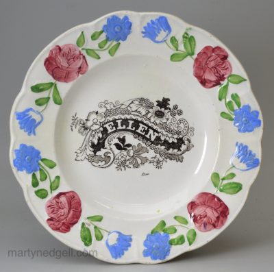 Pearlware pottery child's plate 'ELLEN', circa 1840