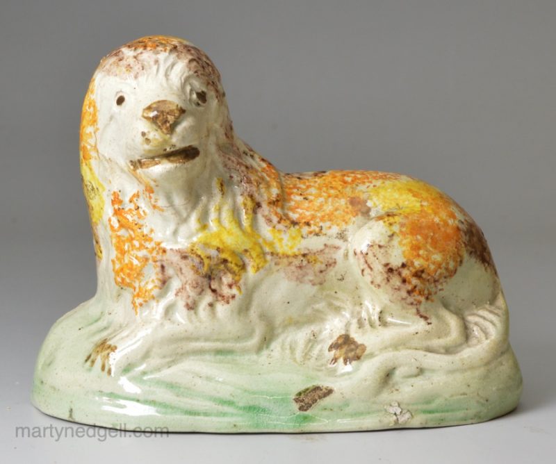 Prattware pottery lion decorated with coloured oxides under a pearlware glaze, circa 1820