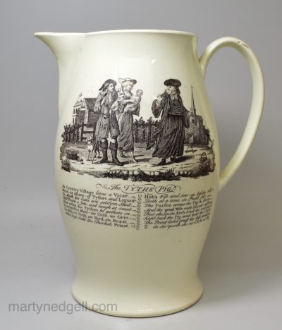 Large creamware serving jug printed with 'The Triple Plea' and The Tythe Pig', circa 1790, possibly Liverpool pottery with Sadler prints