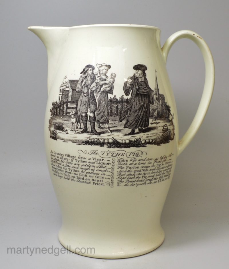 Large creamware serving jug printed with 'The Triple Plea' and The Tythe Pig', circa 1790, possibly Liverpool pottery with Sadler prints