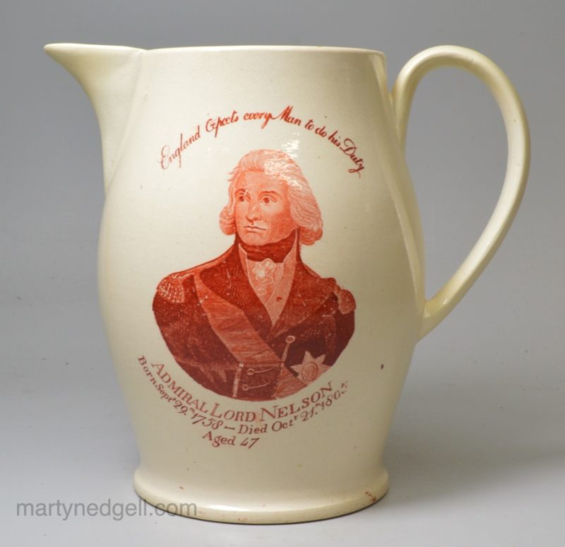 Creamware pottery jug commemorating Nelson's victory at Trafalgar and in memorium for his death in 1805