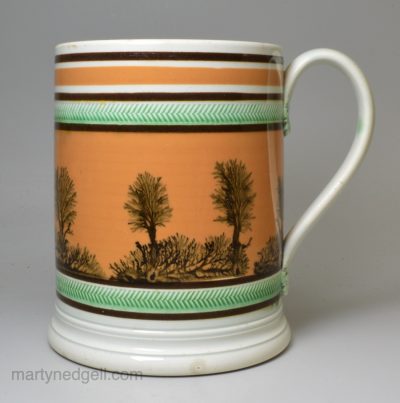 Large pearlware pottery mug decorated with dendritic Mocha slip, circa 1820