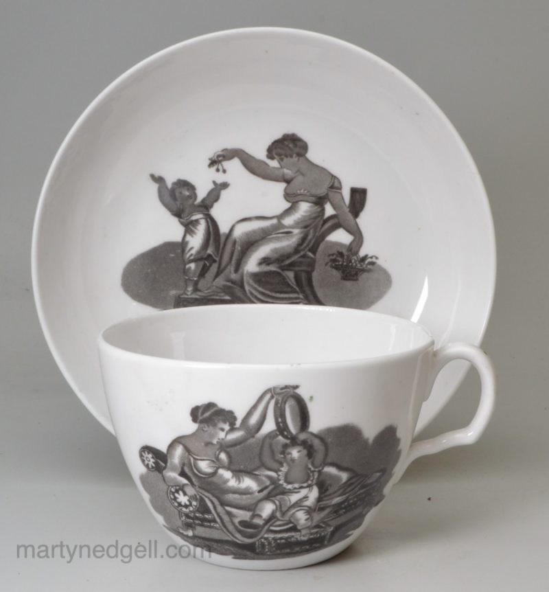 Regency porcelain cup and saucer, circa 1820 decorated with Adam Buck style prints