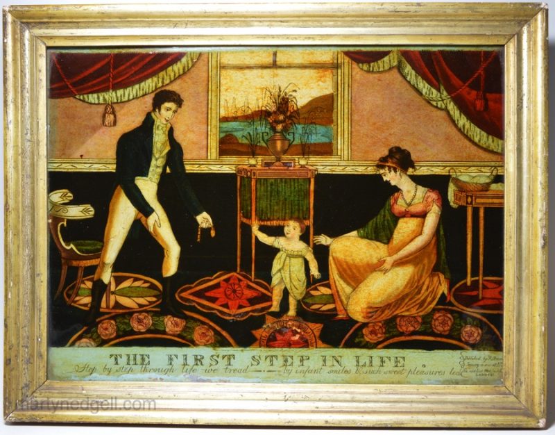 Reverse print on glass 'THE FIRST STEPS IN LIFE', circa 1810