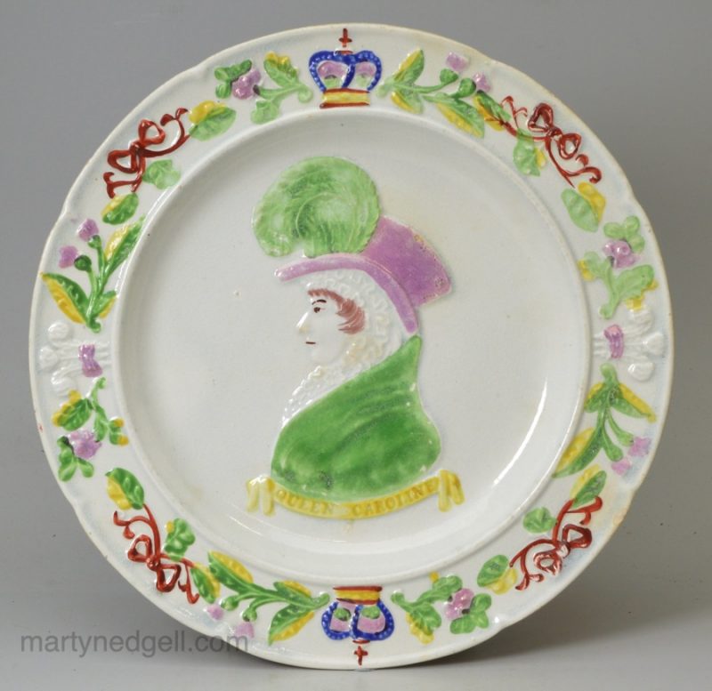 Pearlware pottery plate moulded with Queen Caroline to commemorate King George IV visit to Scotland after his Coronation in 1822, Scottish Pottery