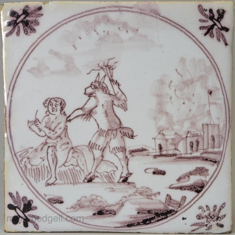 Bristol delft biblical tile, Job smitten with boils, circa 1740