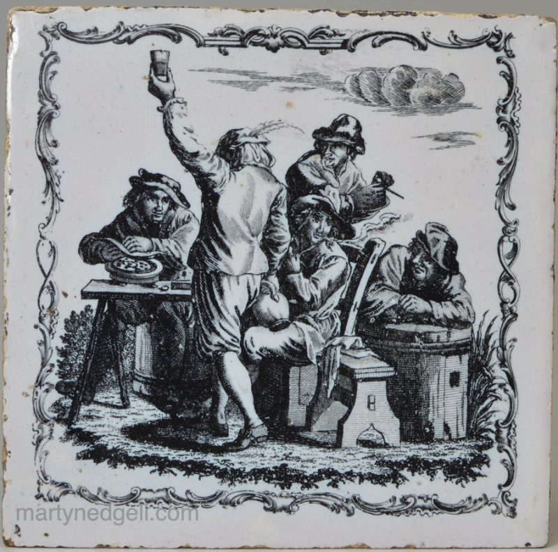 Liverpool delft tile decorated with a Sadler print taken from an original engraving by Mercier after Teniers , circa 1770