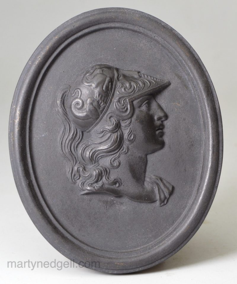 Black basalt plaque of probably Aristophanes, circa 1790, possibly Leeds Pottery