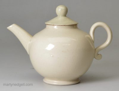 Lidless miniature Staffordshire white saltglaze stoneware teapot, circa 1750