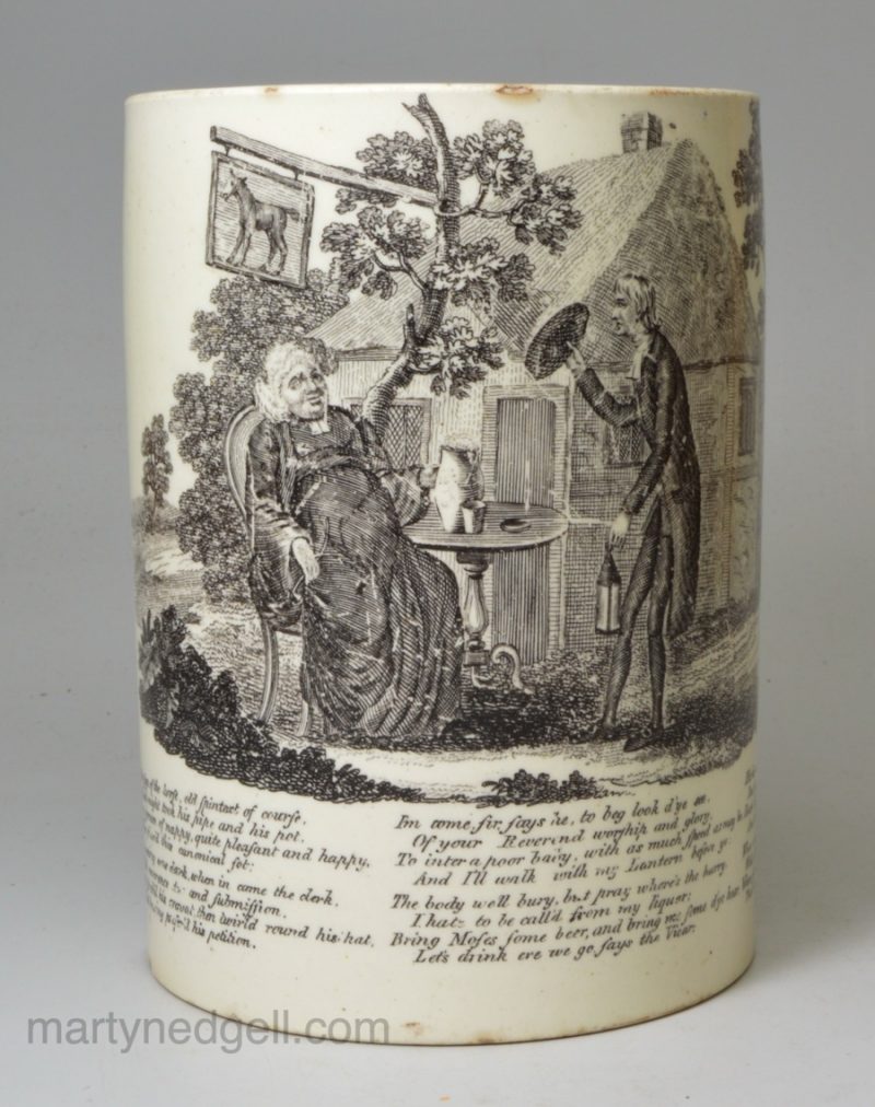 Creamware pottery mug printed with the Vicar & Moses, circa 1790