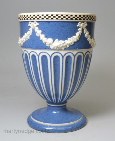 Pearlware pottery vase decorated with engine turning inlay and blue slip, circa 1780