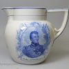 Rare syphoning pearlware pottery commemorative puzzle jug with blue prints of Napoleon and Wellington under the glaze, circa 1815