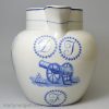 Rare syphoning pearlware pottery commemorative puzzle jug with blue prints of Napoleon and Wellington under the glaze, circa 1815