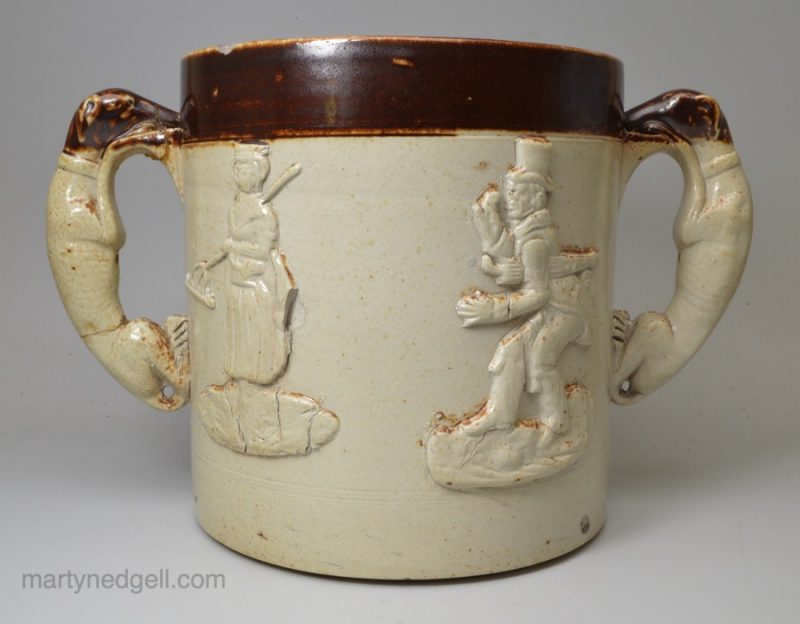 Large London saltglaze stoneware loving cup with a sprig of Paul Pry, circa 1840