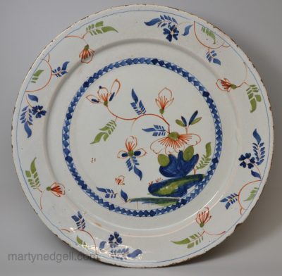 Bristol blue red green delft charger, circa 1750