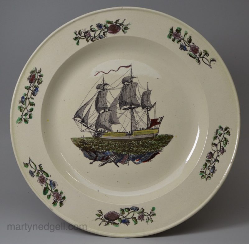 Creamware pottery plated decorated with the print of a ship, circa 1790, probably Liverpool