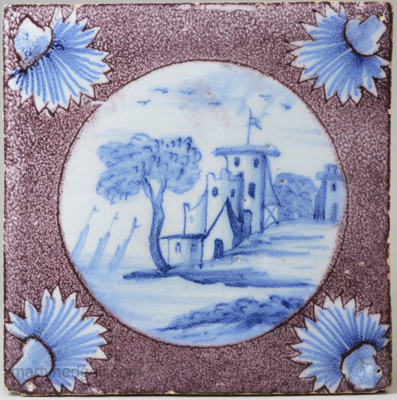 London delft tile decorated with a manganese ground, circa 1750