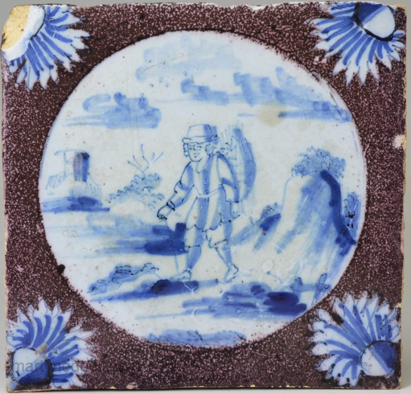 London Delft tile decorated with a manganese ground, circa 1740