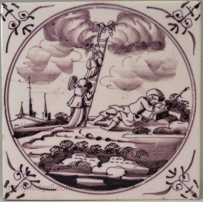 Dutch Delft biblical tile, Jacob's Ladder, circa 1750