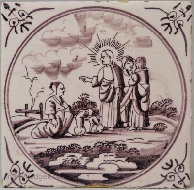 Dutch Delft biblical tile, Jesus honours a Syrian woman's faith, circa 1750