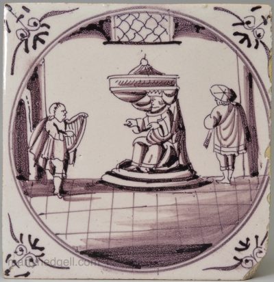 Dutch Delft biblical tile, David playing his Lyre to Saul, circa 1750