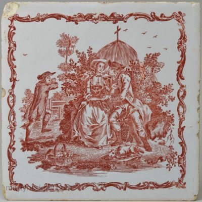 Liverpool delft tile decorated with a red Sadler print, circa 1770