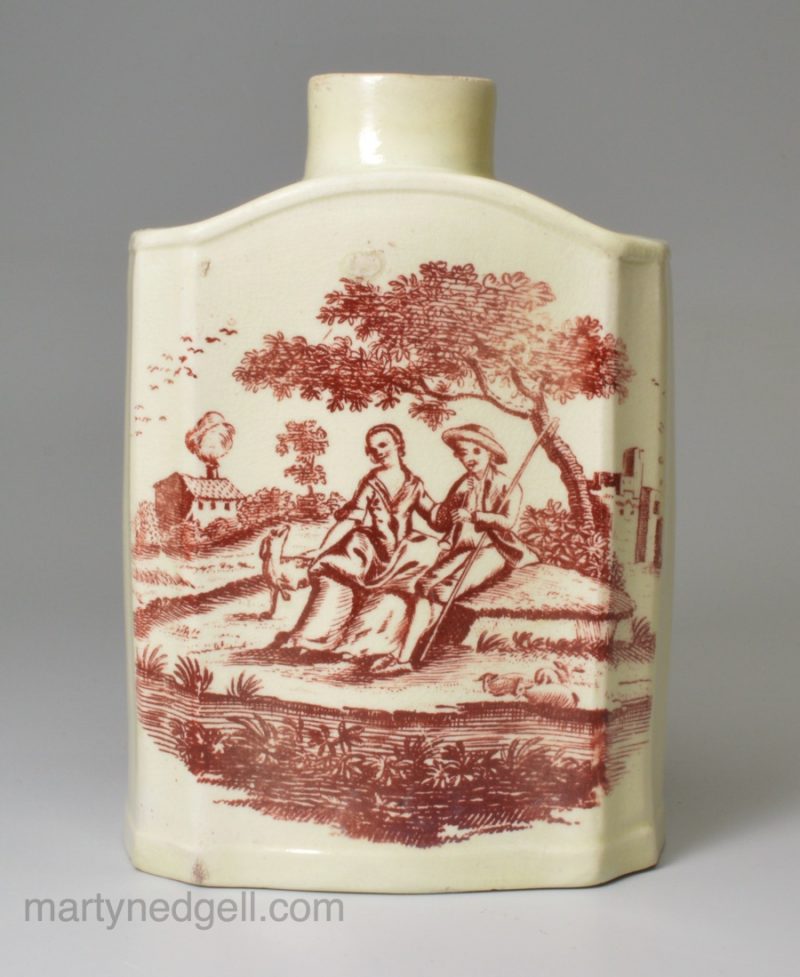 Creamware pottery tea canister decorated with red prints, circa 1780