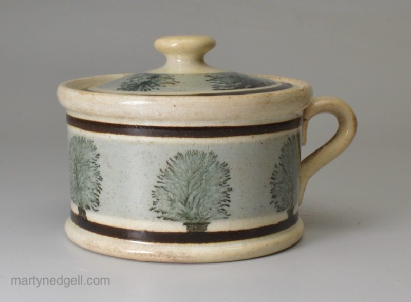 Mochaware pottery mustard pot and cover, circa 1870