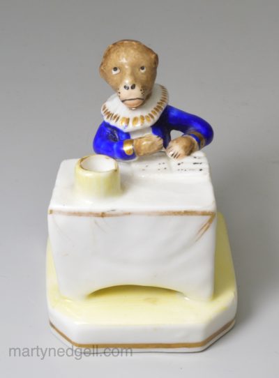 Staffordshire porcelain monkey ink well, circa 1830, probably Alcock Pottery