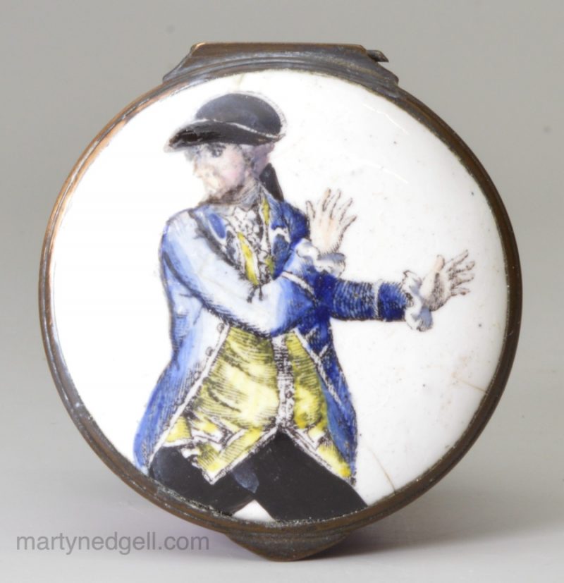 Bilston enamel snuff box decorated with a print of a man, circa 1780