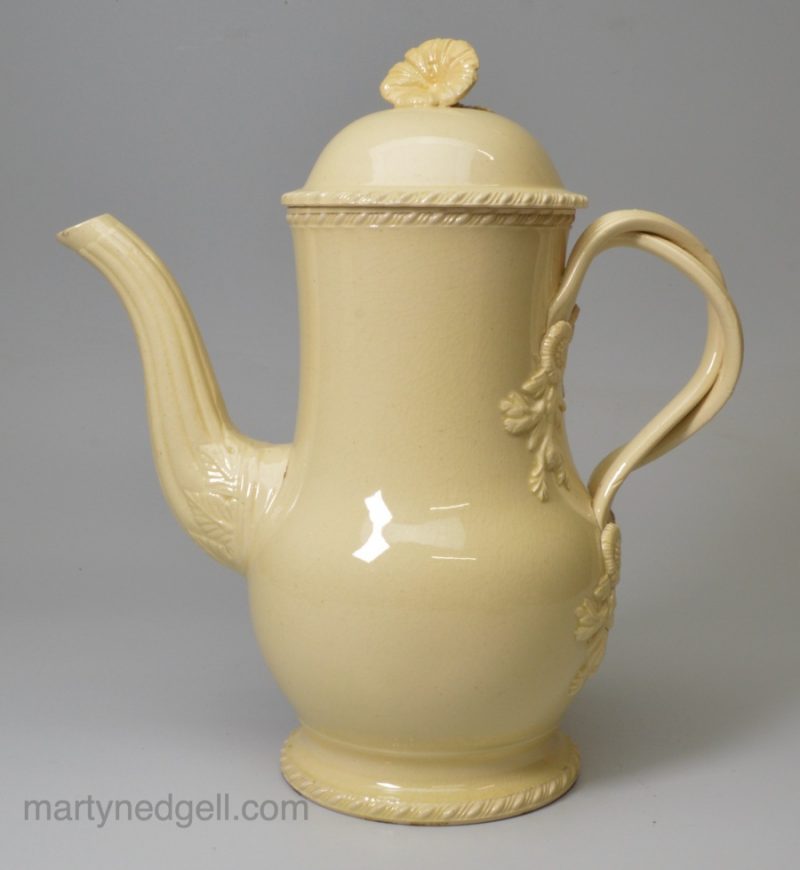 Creamware pottery coffee pot, circa 1770, probably Staffordshire