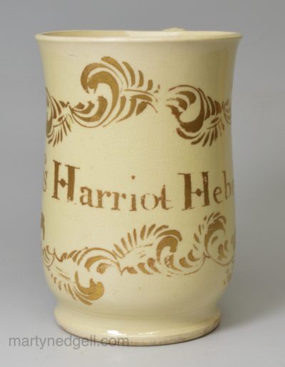 Staffordshire creamware pottery mug Miss Harriot Heber, circa 1760