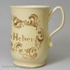 Staffordshire creamware pottery mug Miss Harriot Heber, circa 1760