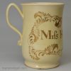 Staffordshire creamware pottery mug Miss Harriot Heber, circa 1760