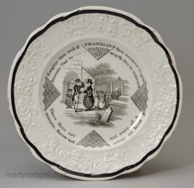 Pearlware pottery child's plate 'FRANKLINS MAXIMS', circa 1840