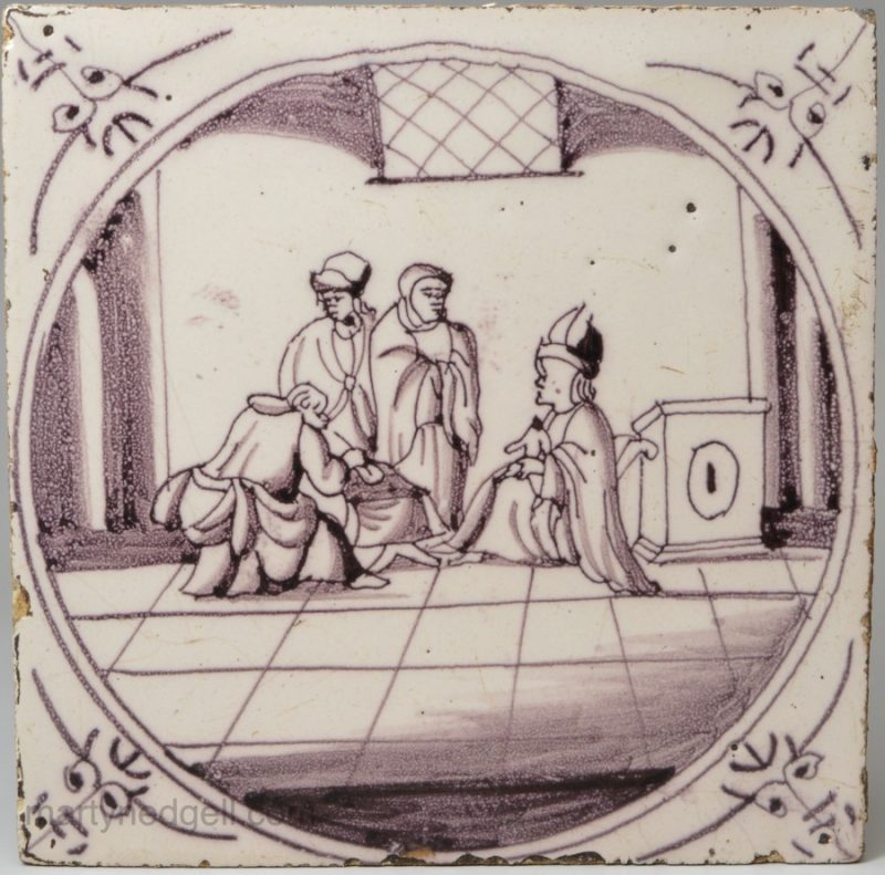 Dutch Delft biblical tile, Naming of John the Baptist, circa 1750