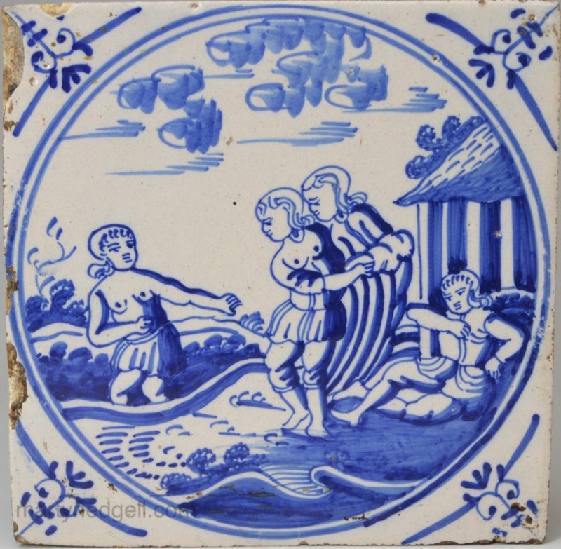 Dutch Delft biblical tile, Noah drunk in a tent Gen 9:20-27, circa 1740