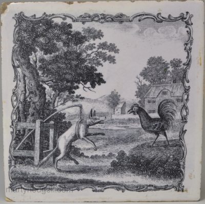 Liverpool Delft tile printed by Sadler with a scene from Æsop's Fables, The Cock and Fox caught in a trap, circa 1770