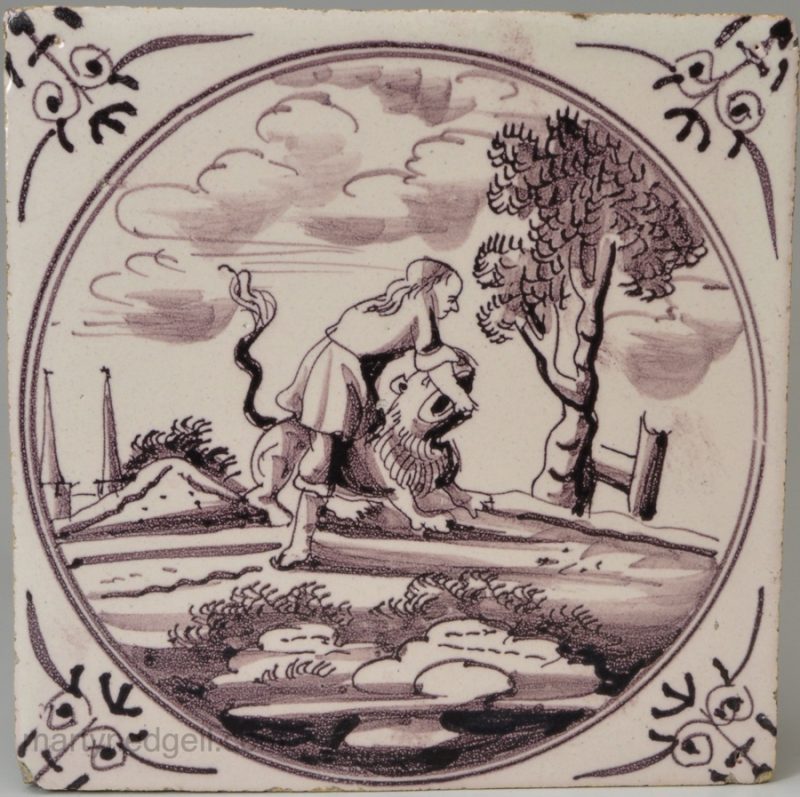 Dutch Delft biblical tile, Samson wrestles the lion, circa 1740