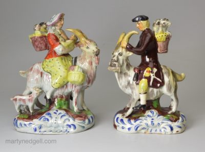 Pair of Staffordshire pearlware figures of the Welsh Tailor and his Wife, circa 1820