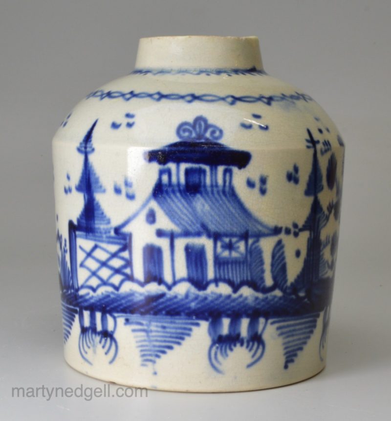 Pearlware pottery tea canister decorated with blue under the glaze, circa 1800