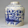 Pearlware pottery tea canister decorated with blue under the glaze, circa 1800