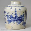 Pearlware pottery tea canister decorated with blue under the glaze, circa 1800