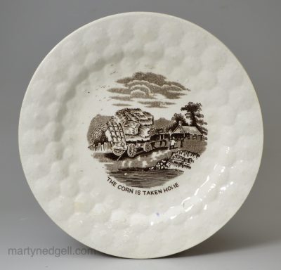 Pearlware pottery child's plate 'THE CORN IS TAKEN HOME', circa 1840