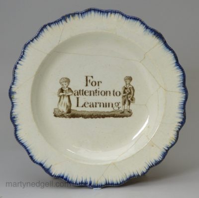 Pearlware pottery shell edge child's plate 'For attention to Learning', circa 1820