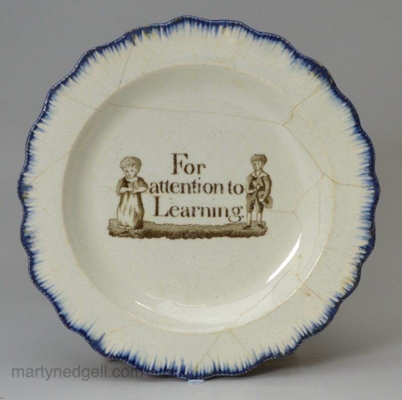 Pearlware pottery shell edge child's plate 'For attention to Learning', circa 1820