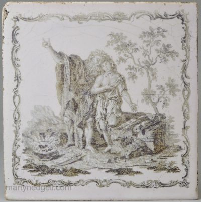 Liverpool delft tile decorated with a Sadler print 'Abraham and Isaac, circa 1770