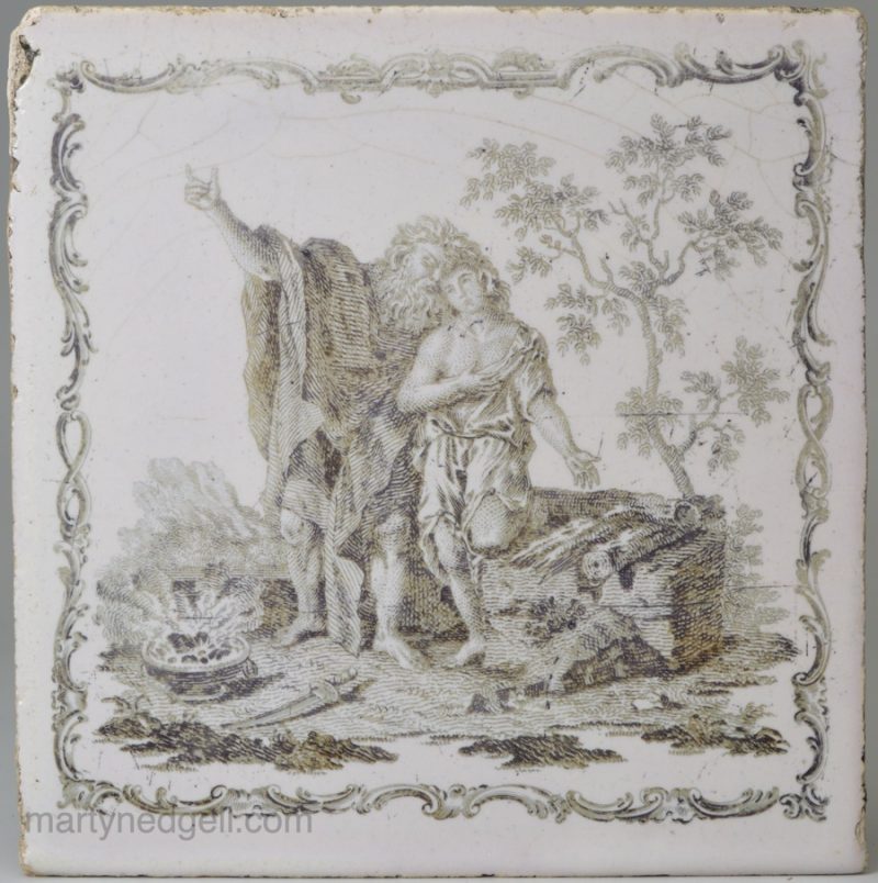 Liverpool delft tile decorated with a Sadler print 'Abraham and Isaac, circa 1770