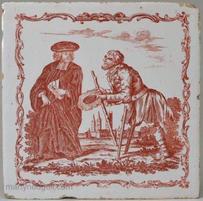 Liverpool delft tile decorated with a Sadler print in red, circa 1770 lampooning the wealthy church refusing charity to a disabled veteran