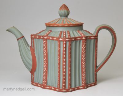 Grey dry bodied stoneware teapot with some encaustic decoration, circa 1800, probably Samuel Hollins Pottery Staffordshire